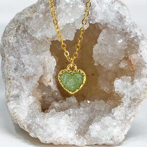 3/$20 14k Gold Green Glitter Resin Heart Charm Handmade Pendant Necklace